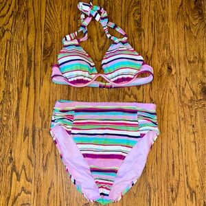 NWOT Mynah Side Ruched Striped High Waist Bikini swimsuit Womens L set wire